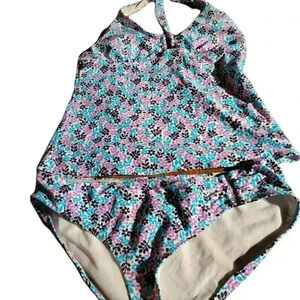 Old  Navy 2 piece Tankini size medium Black turquoise print neck ties